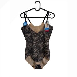 Body Heaven by Warner's Lace‎ Bodysuit Moderate Control Beige Black L